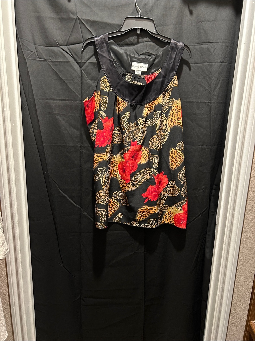 Nicole Miller Black Camisole with Red Floral and Gold Paisley Accentstop